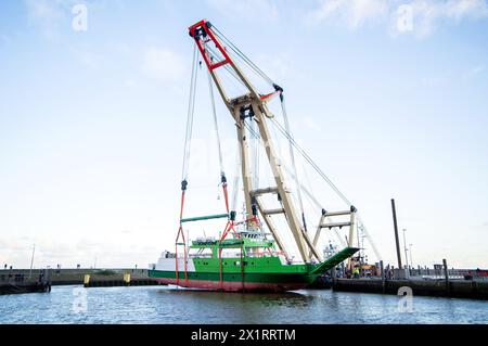 Neuharlingersiel, Allemagne. 18 avril 2024. La grue flottante 'Enak' soulève le ferry 'Spiekeroog IV' dans le bassin du port. Le navire de 300 tonnes, qui est utilisé pour les services de ferry vers l'île de Spiekeroog en Frise orientale, avait dérivé de son poste d'amarrage lors de la tempête 'Zoltan' en décembre 2023 et sur une aire de stationnement dans le port. Crédit : Hauke-Christian Dittrich/dpa/Alamy Live News Banque D'Images