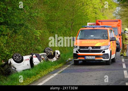 Schwerer Unfall auf Landstraße : Fiat überschlägt sich und landet kopfüber im Wassergraben Ort : Hannover Wülferode Zeit : 18.04.2024, 08:30 Uhr BEI einem schweren Verkehrsunfall ist heute Morgen auf der Landstraße 388 ein 20-Jähriger Mann schwer verletzt worden . Nach bisherigen Ermittlungen des Verkehrsunfalldienstes der Polizei Hannover verlor der Fahrer eines Fiat 500 Abarth nach einer Linkskurve die Kontrolle über sein Fahrzeug, überschlug sich und landete kopfüber in einem Entwässerungsgraben neben der Fahrbahn. Er wurde dabei in seinem Fahrzeug eingeklemmt und musste durch die Feuerwehr Ha Banque D'Images