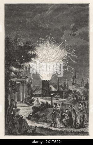 Feu d'artifice aux jardins de Tivoli, Paris, 1793. Les gens à la mode regardent les feux d'artifice au-dessus d'un temple grec, d'une tour et d'un moulin à vent. Feu d'artifice dans le jardin de Tivoli. Frontispice du tome IIe du Nouveau Diable boiteux, an VII Gravure sur bois de Huyot d'après une illustration de Jean-François Garneray tirée du Directoire, Consulat et Empire, (Annuaire, Consulat et Empire) de Paul Lacroix, Paris, 1884. Banque D'Images