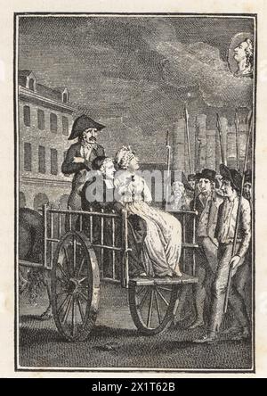 Marie-Antoinette, reine du roi Louis XVI, emmenée à la guillotine sur un tumbril, le 21 janvier 1793. D'un frontispice au roman de Jean-Joseph Regnault-Warin, la cimetière de la Madeleine, 1800. Frontispice représentant Marie-Antoinette conduite au supplice. Illustration tirée du Directoire, Consulat et Empire de Paul Lacroix, (Annuaire, Consulat et Empire), Paris, 1884. Banque D'Images