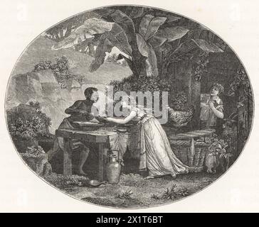 Virginie donnant de la nourriture et des boissons à un Marron, une femme africaine échappée à l'esclavage à Maurice. Scène tirée du roman Paul et Virginie de Jacques-Henri Bernardin de Saint-Pierre. Bienfaisance de Virginie. Gravure sur bois de Huyot d'après une illustration de Philibert-Louis Debucourt tirée du Directoire, Consulat et Empire de Paul Lacroix, Paris, 1884. Banque D'Images