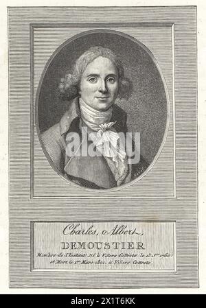 Charles-Albert Demoustier, écrivain et dramaturge français, membre de l'Institut français, 1760-1801. Gravé par Alex Tardieu d'après un portrait de Pajou fils (Augustin-désiré Pajou) tiré du Directoire, Consulat et Empire de Paul Lacroix, (Annuaire, Consulat et Empire), Paris, 1884. Banque D'Images