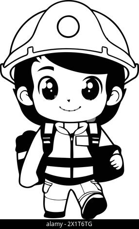 Garçon pompier de dessin animé avec casque et gilet de sécurité. Illustration vectorielle. Illustration de Vecteur