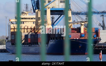 Rostock, Allemagne. 18 avril 2024. Le cargo russe détenu 'Atlantic Navigator II' est amarré dans la zone de sécurité bouclée du port d'outre-mer. Le 04.03.2024, le cargo est entré dans le port de Rostock pour des réparations en raison de problèmes techniques avec l'hélice. Les autorités douanières ont par la suite interdit au navire de poursuivre son voyage. Le navire, en provenance de Russie, était en route pour les États-Unis et avait du bois à bord, entre autres choses, qui est soumis à une interdiction d'importation de l'UE. Crédit : Bernd Wüstneck/dpa/Alamy Live News Banque D'Images