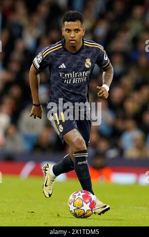 Manchester, Royaume-Uni. 17 avril 2024. Rodrygo du Real Madrid lors du match de 2e manche du quart de finale de l'UEFA Champions League au stade Etihad de Manchester. Le crédit photo devrait se lire : Andrew Yates/Sportimage crédit : Sportimage Ltd/Alamy Live News Banque D'Images