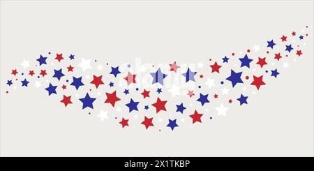 Un design patriotique avec un tourbillon d'étoiles rouges, blanches et bleues électriques sur fond blanc, rappelant le drapeau des États-Unis. Perfe Banque D'Images
