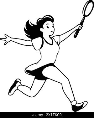 Jeune femme jouant au badminton. Illustration vectorielle dans le style de dessin animé. Illustration de Vecteur