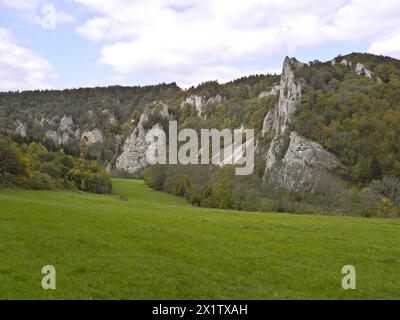 Vue de Stiegelesfels, réserve naturelle, Parc naturel du Danube supérieur, Fridingen, district de Tuttlingen, Bade-Wuerttemberg, Allemagne Banque D'Images