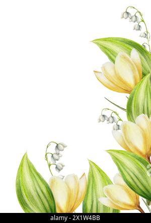 Carte postale aquarelle, cadre, invitation avec bouquet de fleurs de crocus jaunes fleurissant et feuilles isolées sur fond blanc. Printemps et botan de pâques Banque D'Images