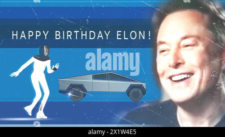 Le 28 juin est l'anniversaire d'Elon Musk. Portrait d'Elon Musk, Tesla Bot, Tesla Cybertruck. Joyeux anniversaire Elon. Banque D'Images