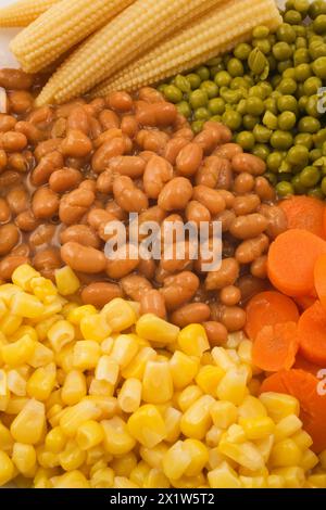 Gros plan de légumes cuits mélangés comprenant des haricots bruns, des pois verts, des carottes orange et des grains de maïs jaune, Studio composition, Québec Banque D'Images