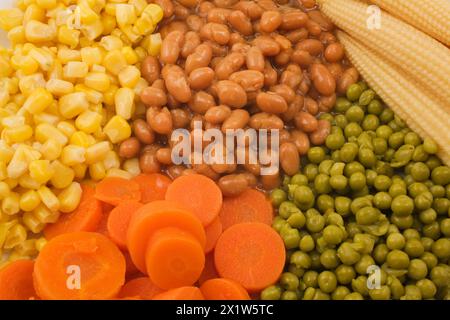 Gros plan de légumes cuits mélangés comprenant des haricots bruns, des pois verts, des carottes orange et des grains de maïs jaune, Studio composition, Québec Banque D'Images