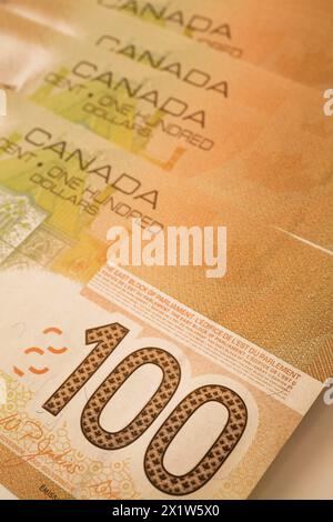 Gros plan des billets de banque bruns de cent dollars de la Banque canadienne du Canada, Studio composition, Québec, Canada Banque D'Images