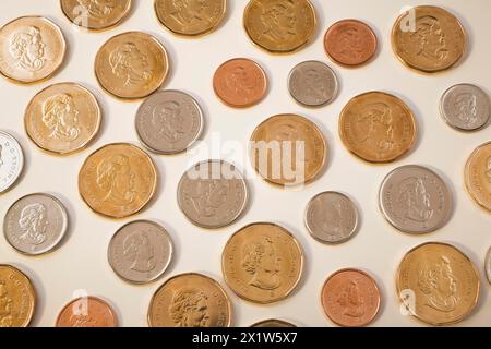 Portrait de la reine Elizabeth II sur pièces canadiennes de un dollar, vingt-cinq, dix, cinq et un cent sur fond blanc, Studio composition, Québec Banque D'Images