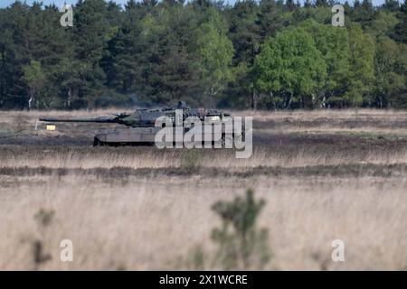 Kampfpanzer Leopard 2 A7 im Gelaende, Bundespraesident Frank-Walter STEINMEIER besucht die Uebung National Guardian, die Panzertruppenschule und die Militaerseelsorge auf dem Truppenuebungsplatz à Munster, 18.04.2024, *** Leopard 2 A7 char principal sur le terrain, le président allemand Frank Walter STEINMEIER visite l'exercice du National Guardian, L'école des troupes de chars et l'aumônerie militaire dans la zone d'entraînement de Munster, 18 04 2024, Banque D'Images