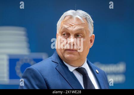 Bruxelles, Belgique. 17 avril 2024. Le premier ministre hongrois Viktor Orban assiste au sommet spécial de l'UE à Bruxelles, en Belgique, le 17 avril 2024. Crédit : Meng Dingbo/Xinhua/Alamy Live News Banque D'Images