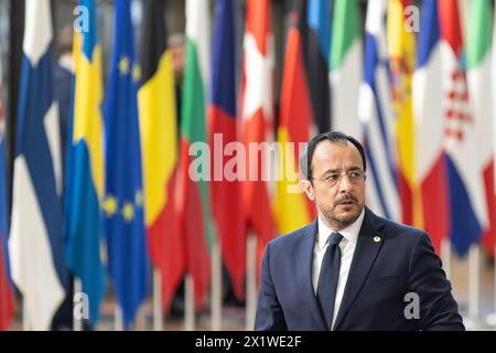 Bruxelles, Belgique. 17 avril 2024. Le président chypriote Nikos Christodoulides arrive au sommet spécial de l'UE à Bruxelles, Belgique, le 17 avril 2024. Crédit : Meng Dingbo/Xinhua/Alamy Live News Banque D'Images