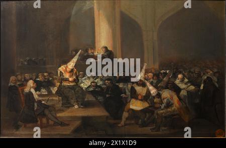 Le Tribunal de l'Inquisition, également connu sous le nom de Cour de l'Inquisition ou scène de l'Inquisition (espagnol : escena de Inquisición), est une peinture à l'huile sur panneau de 46 x 73 centimètres (18 x 29 po) produite par l'artiste espagnol Francisco Goya entre 1812 et 1819[1]. Banque D'Images