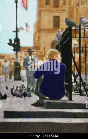 Assis avec les pigeons, Duffy Square, New York. Banque D'Images