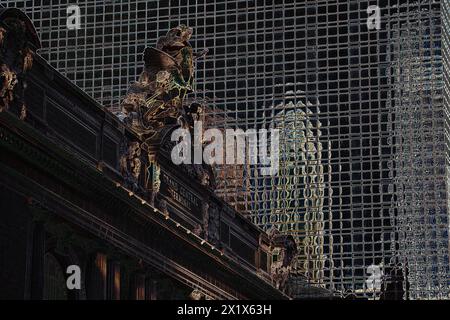 Façade de la 42e rue de Grand Central terminal, Hyatt Grand Central, rendue avec le filtre Photoshop Glowing Edges. Banque D'Images