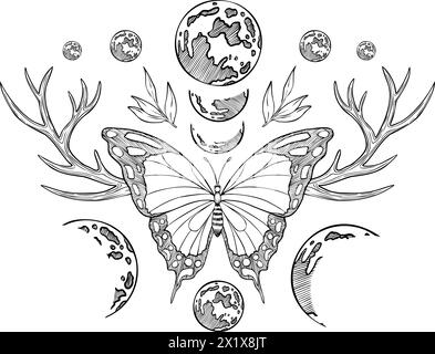 Papillon avec lunes et cornes de cerf. Lustration vectorielle d'un insecte avec des ailes et des bois dans une composition céleste magique. Dessin magique dans le style linéaire pour tatouage. Imprimé ésotérique vintage. Illustration de Vecteur