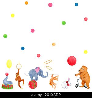 Aquarelle frontière sans couture avec des animaux de cirque : éléphant, lapin, ours, chat, singe et phoque avec des anneaux, des ballons et des cercles sur fond blanc. Banque D'Images