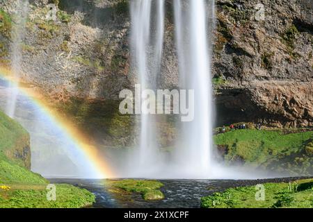 La chute d'eau Seljalandsfoss avec un arc-en-ciel, célèbre point de repère dans le sud de l'Islande Banque D'Images