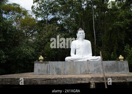 Beruwala, Sri Lanka. 07 février 2023 .figure de Bouddha blanc se trouve au-dessus du lac. Arrière-plan beaux palmiers de la nature, ciel bleu. Asie voyage et religion co Banque D'Images