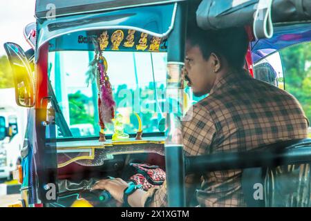 Dos de conducteur d'homme asiatique portant tout en conduisant tricycle à moteur tuk tuk sur la route lumineuse colorée, transport local dans le pays tropical. Sri Lanka Banque D'Images