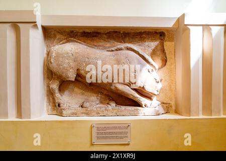 Scène du mythe du sanglier de Calydonien au Musée archéologique de Delphes , Musée de Delphes, Delphes, Grèce. Banque D'Images