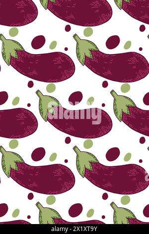 Motif vectoriel sans couture. Aubergines violettes avec des queues vertes, taches colorées dessinées en vecteur sur un fond blanc. Convient pour l'impression sur textiles Banque D'Images