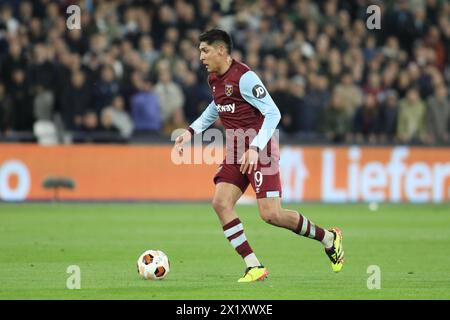 Londres, Royaume-Uni. 18 avril 2024. Londres, Angleterre, 18 avril 2024 : Edson Alvarez (19 West Ham United) en action lors du match de l'UEFA Europa League entre West Ham United et Bayer Leverkusen au stade de Londres, Angleterre (Alexander Canillas/SPP) crédit : SPP Sport Press photo. /Alamy Live News Banque D'Images