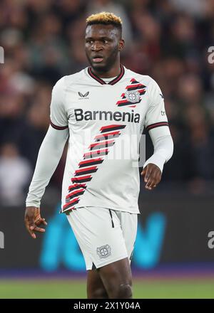 Victor Boniface de Bayer Leverkusen, lors du match quart de finale de l'UEFA Europa League West Ham United vs Bayer 04 Leverkusen au London Stadium, Londres, Royaume-Uni, le 18 avril 2024 (photo de Gareth Evans/News images) Banque D'Images