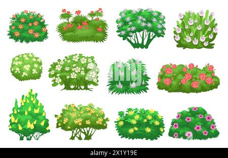 Arbustes de jardin verts avec des fleurs. Plantes d'été décoratives. Arbustes en fleurs de dessins animés. Arbustes. Haie naturelle vivante. Paysage botanique Illustration de Vecteur