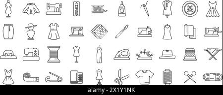 Icônes d'atelier de mode définir le vecteur de contour. Usine de couture. Tissu pour VETEMENTS Illustration de Vecteur