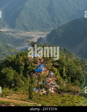 Plantation Workers'39 ; quartiers dans une clairière au-dessus de la vallée de Sashin, Darjeeling, Bengale occidental Banque D'Images