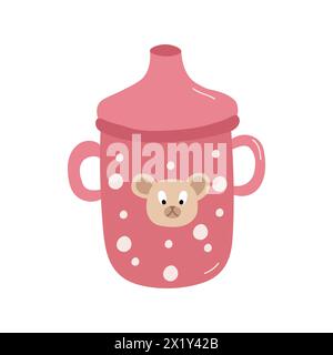 Bouteille de tasse de bébé isolé sur fond blanc. Réservoir bébé sippy rose avec des points et tête d'ours, bol à boire avec du lait ou du jus avec deux poignées Illustration de Vecteur