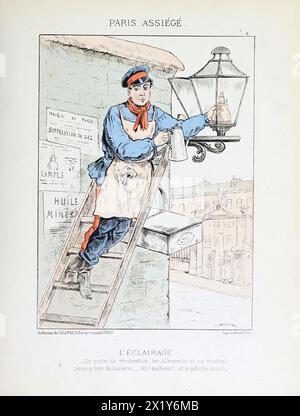 Vie artistique vintage à Paris pendant le siège de 1870-1871. Plaque d'illustration française dessinée par Draner représentant la réalité dans la ville alors qu'elle était encerclée par les forces allemandes à la fin de la guerre franco-prussienne. Banque D'Images