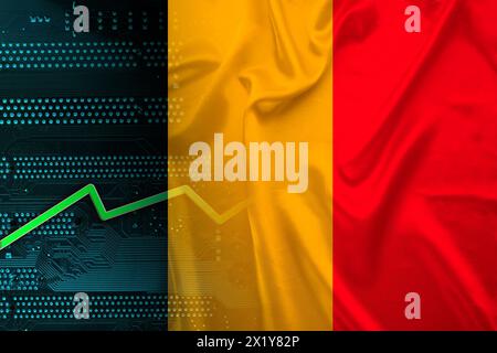 Drapeau national de la Belgique sur soie avec des plis, PCB de circuit imprimé électronique vert, flèche de croissance, concept de technologie moderne, affaires, économie, Banque D'Images