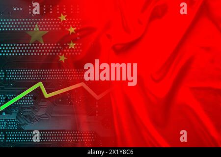 Drapeau national de la Chine sur soie avec des plis, PCB de circuit imprimé électronique vert, flèche de croissance, concept de technologie moderne, affaires, économie, p Banque D'Images