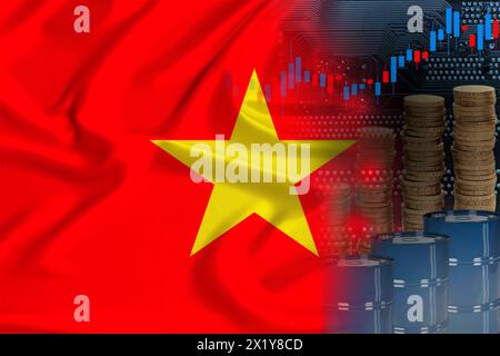 Drapeau national du vietnam sur la soie, barils de pétrole, pièces de monnaie en métal, concept de trading à terme du pétrole, croissance de l'indice DBO sur la bourse, commerce mondial, Banque D'Images