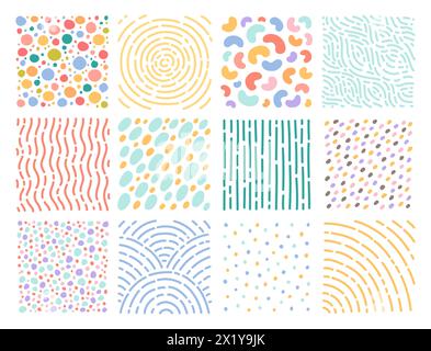 Textures dessinées à la main. Mignons taches et tirets, circulaires, motifs linéaires, éléments abstraits à la mode, traits répétés, pois, textile enfantin et Illustration de Vecteur