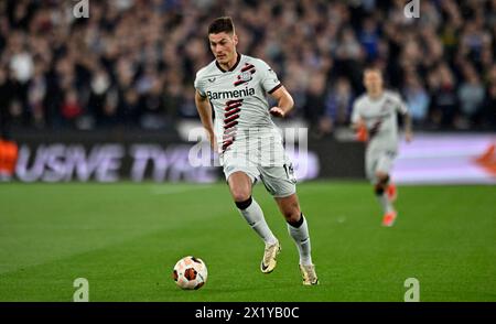 Londres, Royaume-Uni. 18 avril 2024. Patrik Schick (Bayer Leverkusen) lors du match de quart de finale de l'UEFA Europa League de West Ham vs Beyer Leverkusen, 2e match aller, au stade de Londres, Stratford. Cette image est RÉSERVÉE à UN USAGE ÉDITORIAL. Licence exigée du Football DataCo pour toute autre utilisation. Crédit : MARTIN DALTON/Alamy Live News Banque D'Images