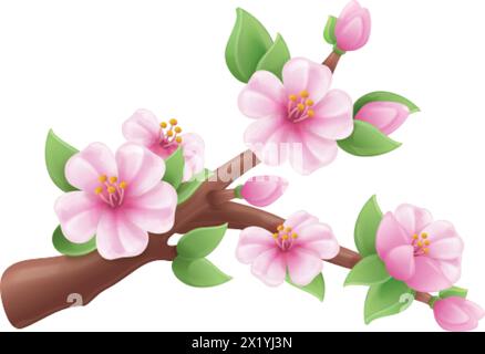 branche 3d de sakura. Fleur cerise japonaise, fleur arbre fruitier abricot pêches cerises fleurs bourgeon, printemps peut plasticine éléments réalistes beauté rendre l'illustration vectorielle exacte Illustration de Vecteur