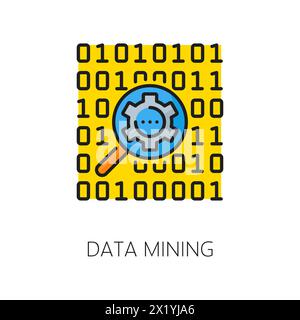 Analyse d'intelligence artificielle, algorithme ai, icône de couleur linéaire d'exploration de données d'apprentissage automatique. Icône de vecteur de ligne de science numérique d'analyse de données AI avec code binaire, roue dentée et loupe Illustration de Vecteur