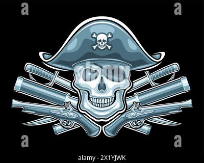 Logo vectoriel pour Pirate Skull, carte monochrome avec illustration du crâne de vue de face dans le vieux chapeau et les armes de pirate, symbole de pirate décoratif avec l'art. Illustration de Vecteur