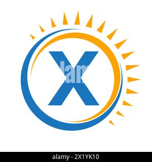 Logo solaire sur lettre X concept avec icône Soleil. Symbole du système solaire Illustration de Vecteur