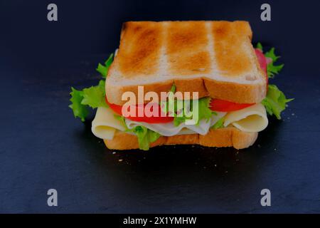 gros plan d'un sandwich appétissant avec tranches de tomates mûres, salade verte, fromage, jambon, pain grillé doré, concept quick snack, cuisson rapide à Banque D'Images