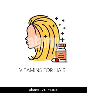 Icône de ligne de couleur de vitamines de soin des cheveux pour le traitement de beauté des cheveux et la nutrition, vecteur de contour. Femme tête et icône vitamines pour cheveux secs, perte de cheveux ou traitement pelliculaire pour follicules sains et croissance Illustration de Vecteur