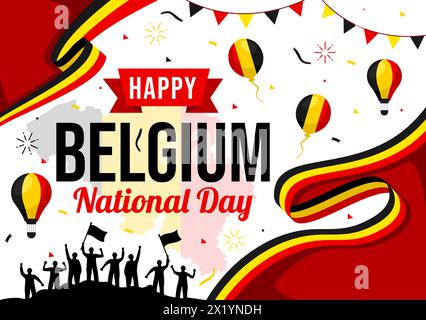 Joyeuse illustration vectorielle du jour de l'indépendance de la Belgique le 21 juillet avec drapeau ondulant et ruban dans la conception de fond de dessin animé plat des fêtes nationales Illustration de Vecteur